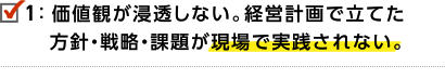 1.価値観が浸透しない。経営計画で立てた方針・戦略・課題が現場で実践されない。