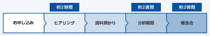 申し込み後、2時間程度のヒアリングを経て、資料をお預かりさせていただきます。分析に約2週間いただいたのち、約2時間の報告会にて診断結果をお伝えさせていただきます。