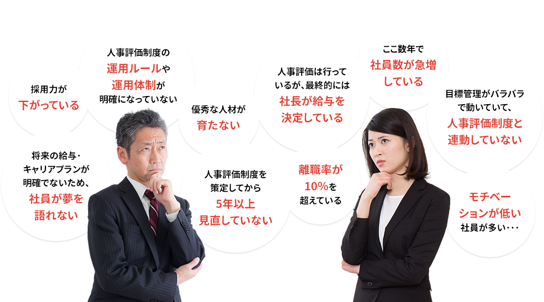 採用力が下がっている・モチベーションが低い社員が多い・優秀な人材が育たない・離職率が10％を超えている・人事評価制度を策定してから5年以上見直していない・ここ数年で社員数が急増している・目標管理がバラバラで動いていて、人事評価制度と連動していない・人事評価制度の運用ルールや運用体制が明確になっていない・人事評価は行っているが、最終的には社長が給与を決定している・将来の給与･キャリアプランが明確でないため、社員が夢が語れない